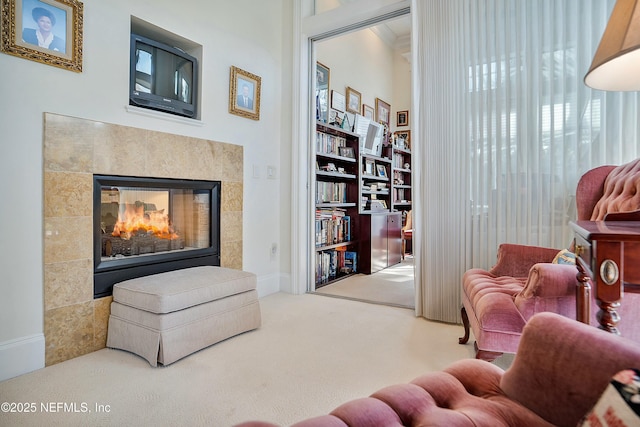 living area featuring carpet and a fireplace