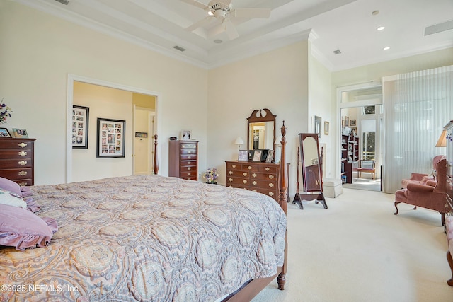 carpeted bedroom with ornamental molding, access to exterior, and ceiling fan