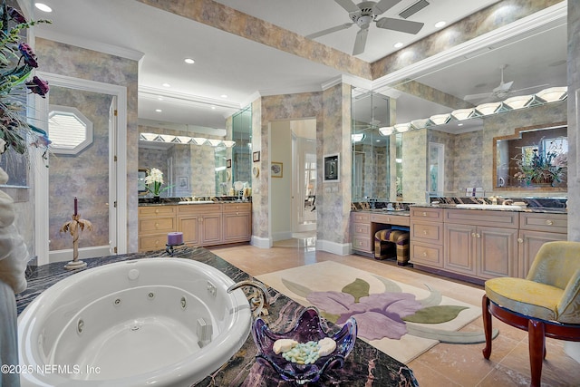 bathroom featuring ceiling fan, tile walls, vanity, ornamental molding, and independent shower and bath