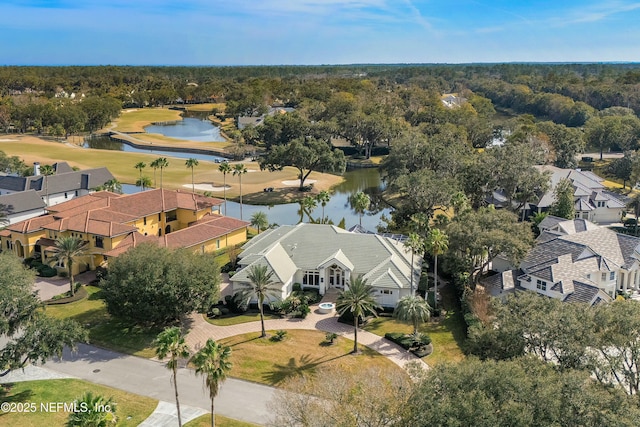 drone / aerial view featuring a water view