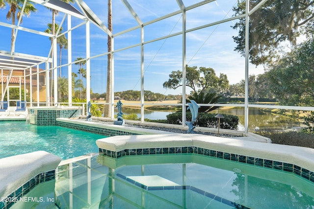 view of swimming pool with a water view and a lanai