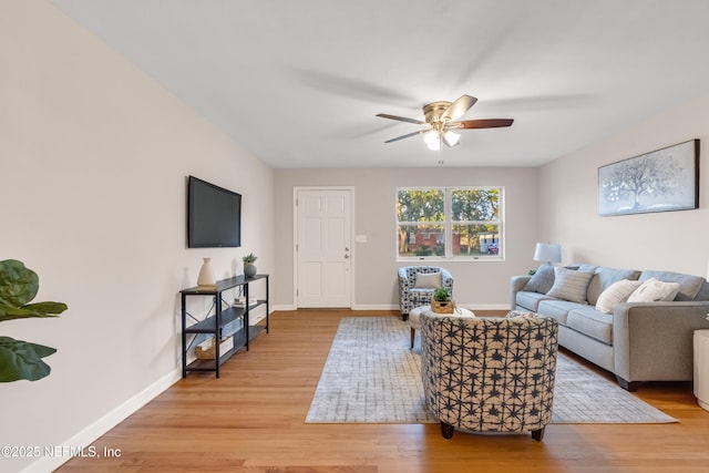 living room with ceiling fan and light hardwood / wood-style flooring