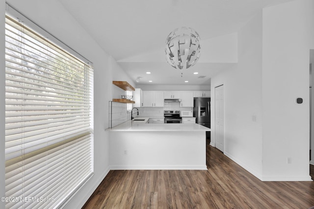 kitchen with sink, stainless steel appliances, white cabinets, decorative backsplash, and kitchen peninsula