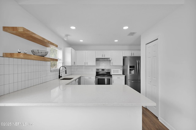 kitchen with appliances with stainless steel finishes, sink, white cabinets, backsplash, and kitchen peninsula