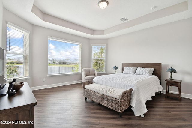 bedroom featuring a tray ceiling, wood finished floors, visible vents, and baseboards