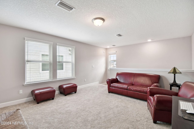 living area with carpet floors, visible vents, and baseboards