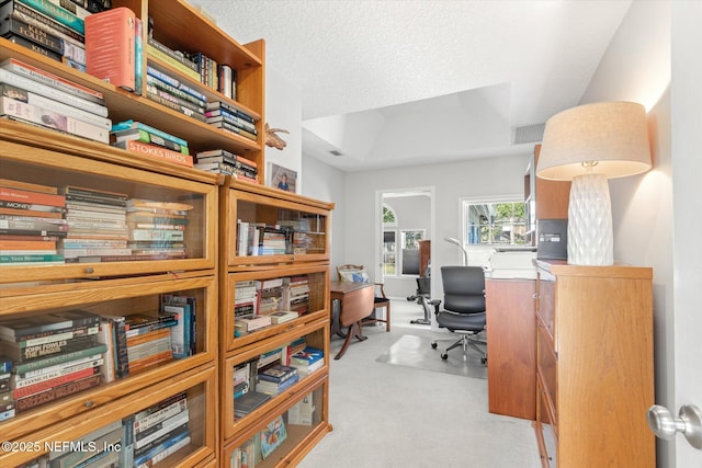 carpeted office with a textured ceiling