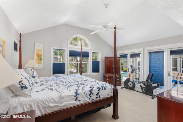 bedroom featuring ceiling fan, vaulted ceiling, carpet, and access to outside