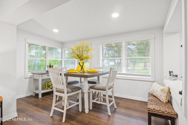 dining area featuring recessed lighting, wood finished floors, and baseboards