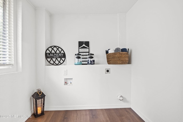 laundry room with laundry area, baseboards, dark wood finished floors, washer hookup, and electric dryer hookup