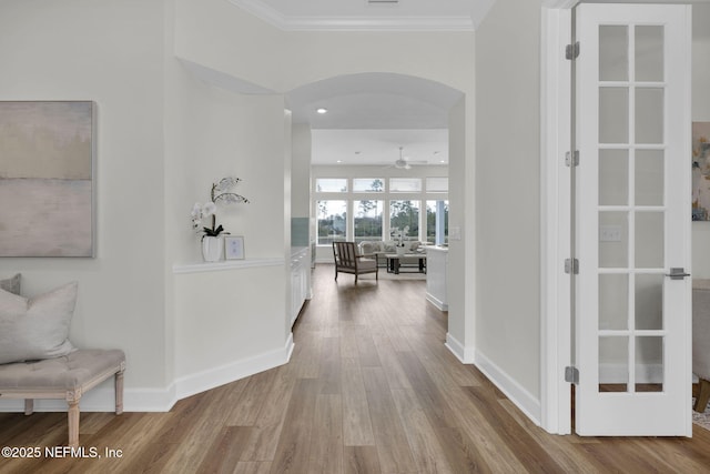 hallway featuring wood-type flooring and ornamental molding