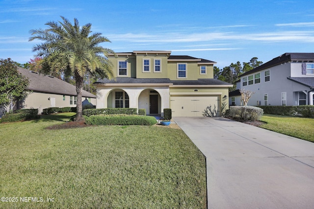 view of front of property with a garage and a front lawn