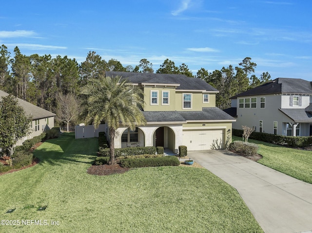 view of front of house with a garage and a front lawn