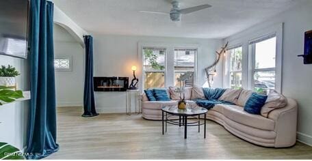 living room featuring ceiling fan and light wood-type flooring