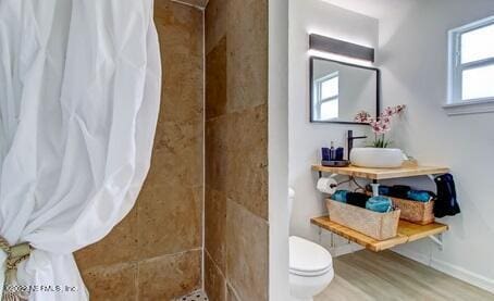 bathroom with hardwood / wood-style flooring, toilet, and walk in shower