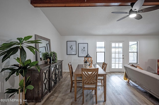 dining room featuring light hardwood / wood-style flooring, lofted ceiling with beams, and a textured ceiling