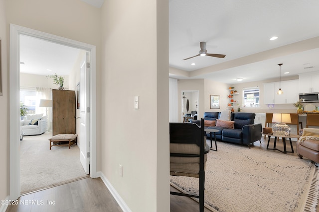 living room with ceiling fan and light hardwood / wood-style flooring