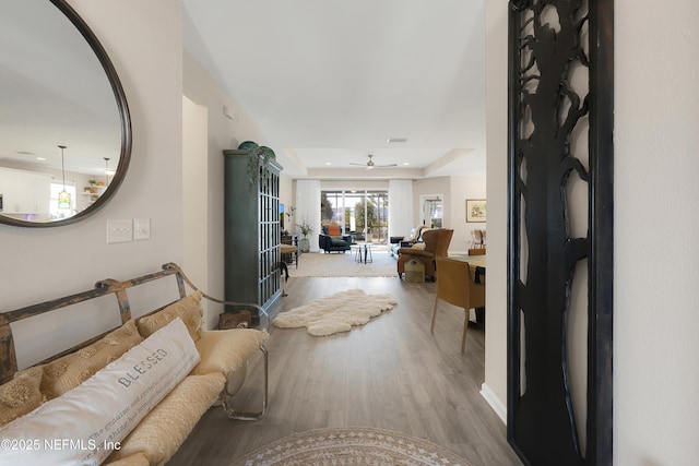 hall with light wood-type flooring and a tray ceiling