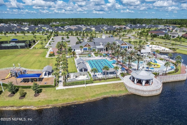 drone / aerial view featuring a water view