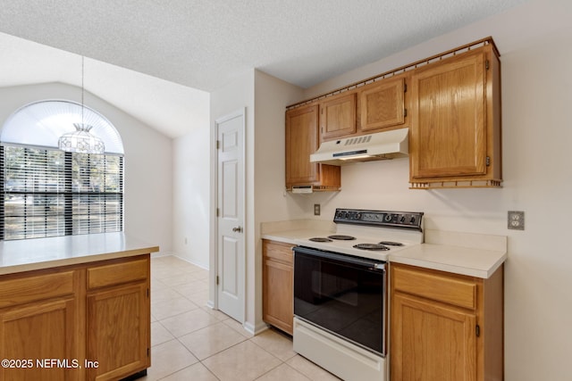 kitchen featuring pendant lighting, lofted ceiling, light tile patterned floors, electric range, and a textured ceiling