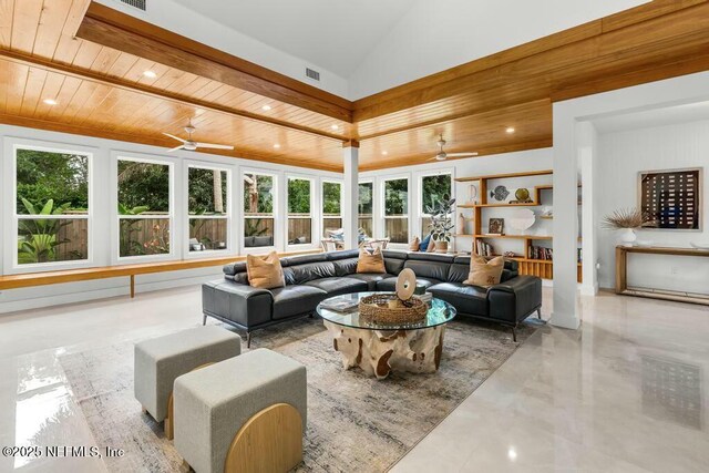 sunroom / solarium with wood ceiling, visible vents, vaulted ceiling, and a ceiling fan