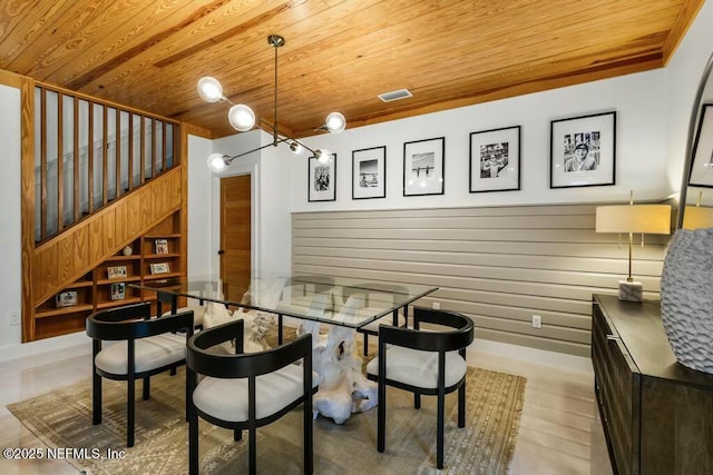 dining room with visible vents, wood walls, stairs, and wood ceiling