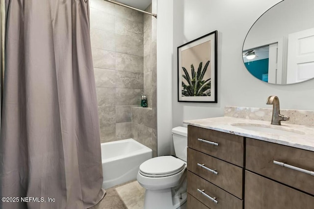 full bathroom with shower / tub combo, vanity, and toilet