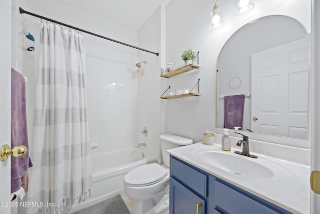 full bathroom featuring vanity, shower / bath combination with curtain, and toilet