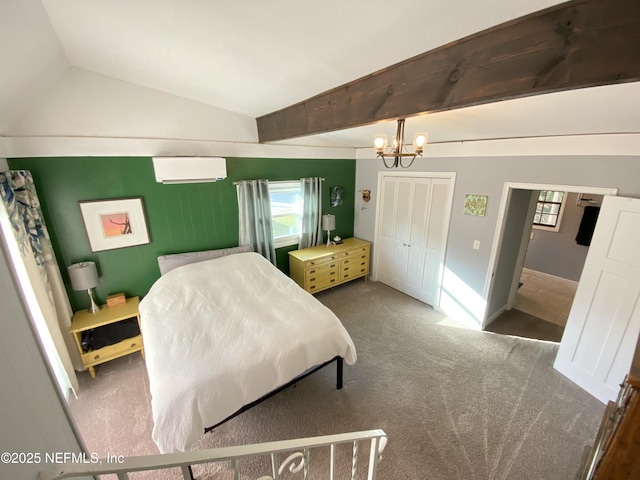 bedroom featuring carpet, vaulted ceiling with beams, a wall mounted air conditioner, and a notable chandelier