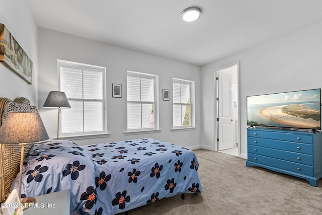 bedroom with light colored carpet