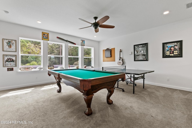 playroom with ceiling fan, carpet flooring, and billiards