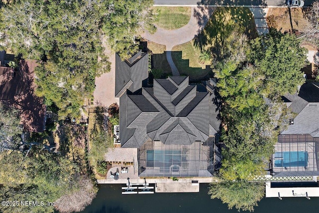 drone / aerial view featuring a water view