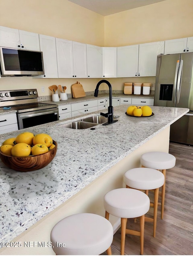 kitchen featuring light stone counters, appliances with stainless steel finishes, sink, and white cabinets