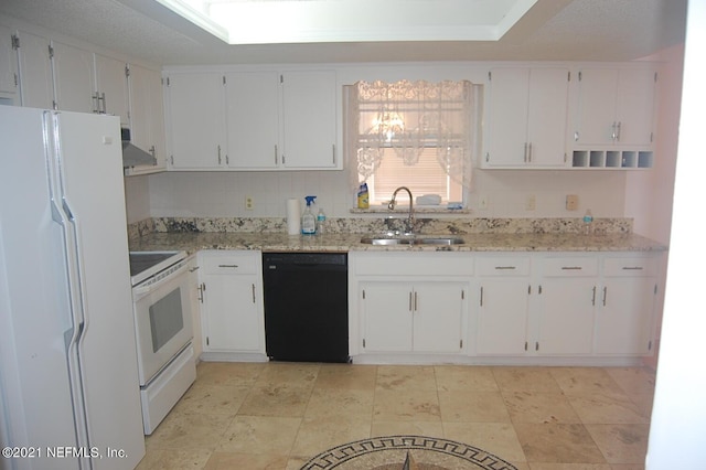 kitchen featuring range hood, white cabinetry, sink, light stone countertops, and white appliances