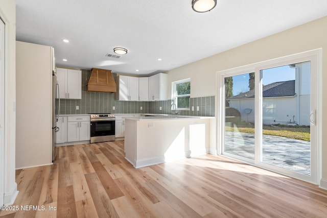 kitchen with premium range hood, appliances with stainless steel finishes, light hardwood / wood-style floors, white cabinets, and decorative backsplash