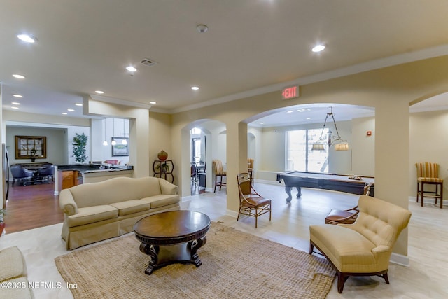 interior space featuring crown molding and pool table