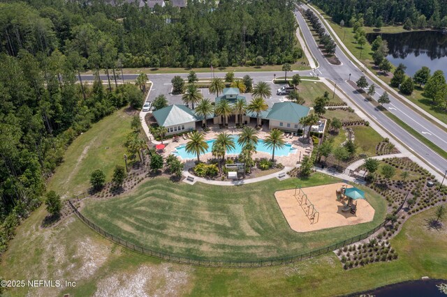 aerial view featuring a water view