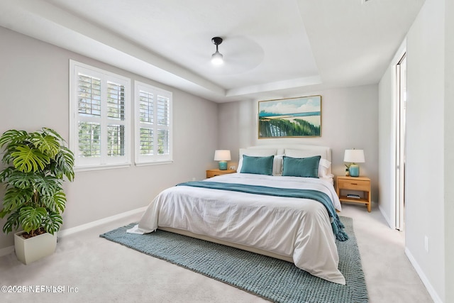 carpeted bedroom with a raised ceiling