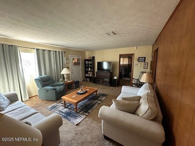 living room featuring carpet and a textured ceiling