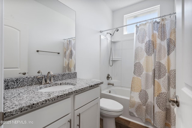 full bathroom featuring shower / bath combination with curtain, vanity, toilet, and wood-type flooring