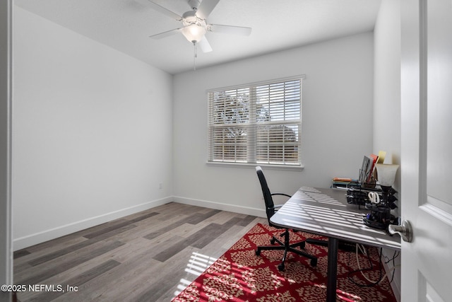 office area featuring hardwood / wood-style flooring and ceiling fan