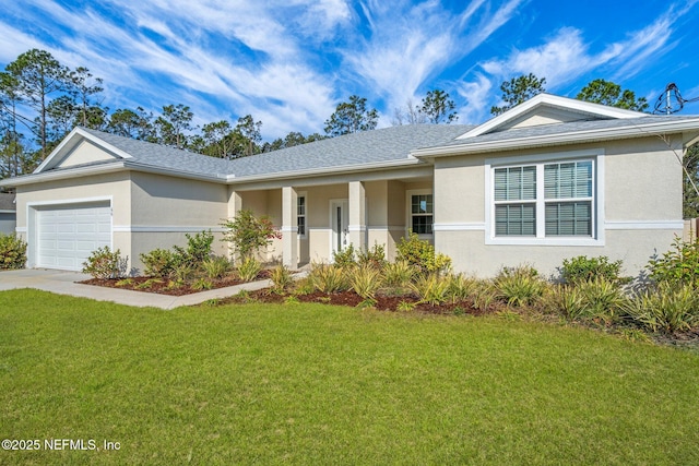 ranch-style house with a garage and a front lawn