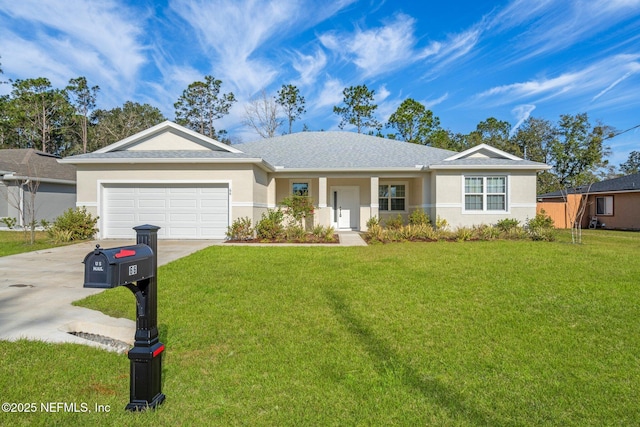 ranch-style house featuring a garage and a front lawn