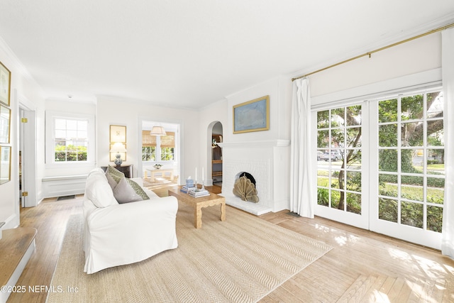 living room featuring a fireplace, ornamental molding, and light hardwood / wood-style floors