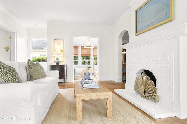 living room featuring ornamental molding, plenty of natural light, and wood-type flooring