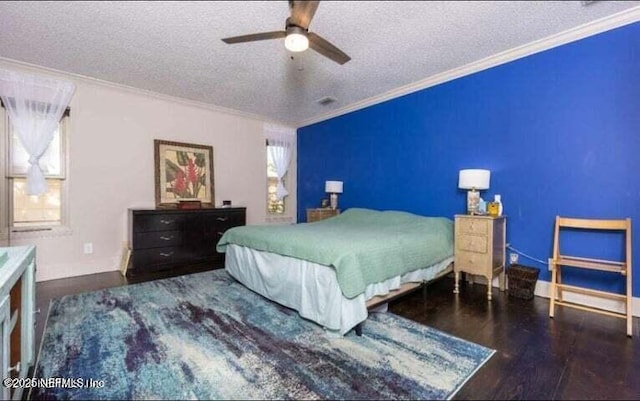 bedroom featuring crown molding, ceiling fan, a textured ceiling, and dark hardwood / wood-style flooring