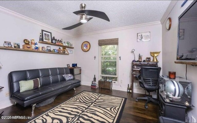 interior space featuring crown molding, dark hardwood / wood-style flooring, ceiling fan, and a textured ceiling