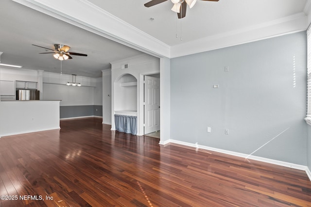 unfurnished room with crown molding, dark wood-type flooring, and ceiling fan with notable chandelier