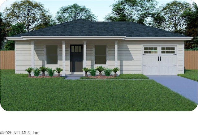 view of front of home featuring a garage, covered porch, and a front lawn