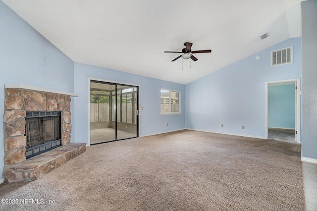 unfurnished living room featuring ceiling fan, carpet, high vaulted ceiling, and a fireplace